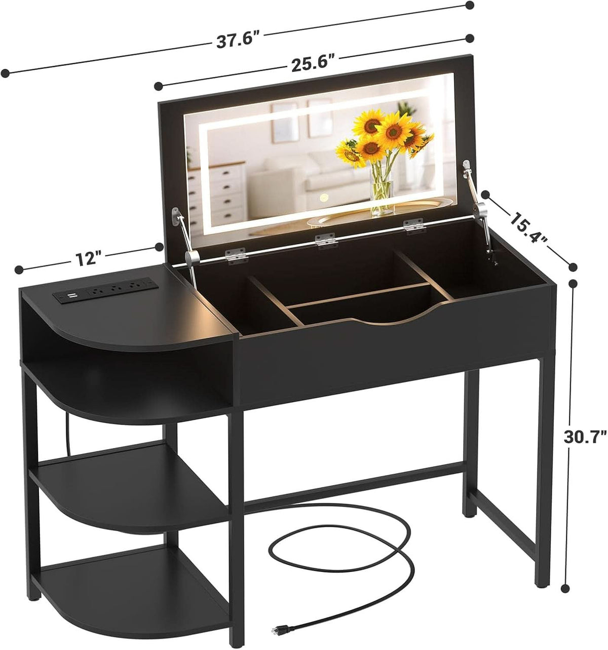 Dimension diagram: 37.6 x 15.4 x 30.7 in with the flip top mirror raised