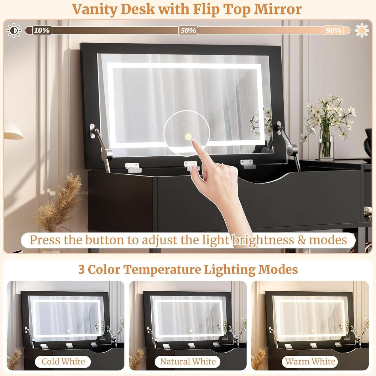 Flip top mirror with three colour temperature modes, cool natural and warm white