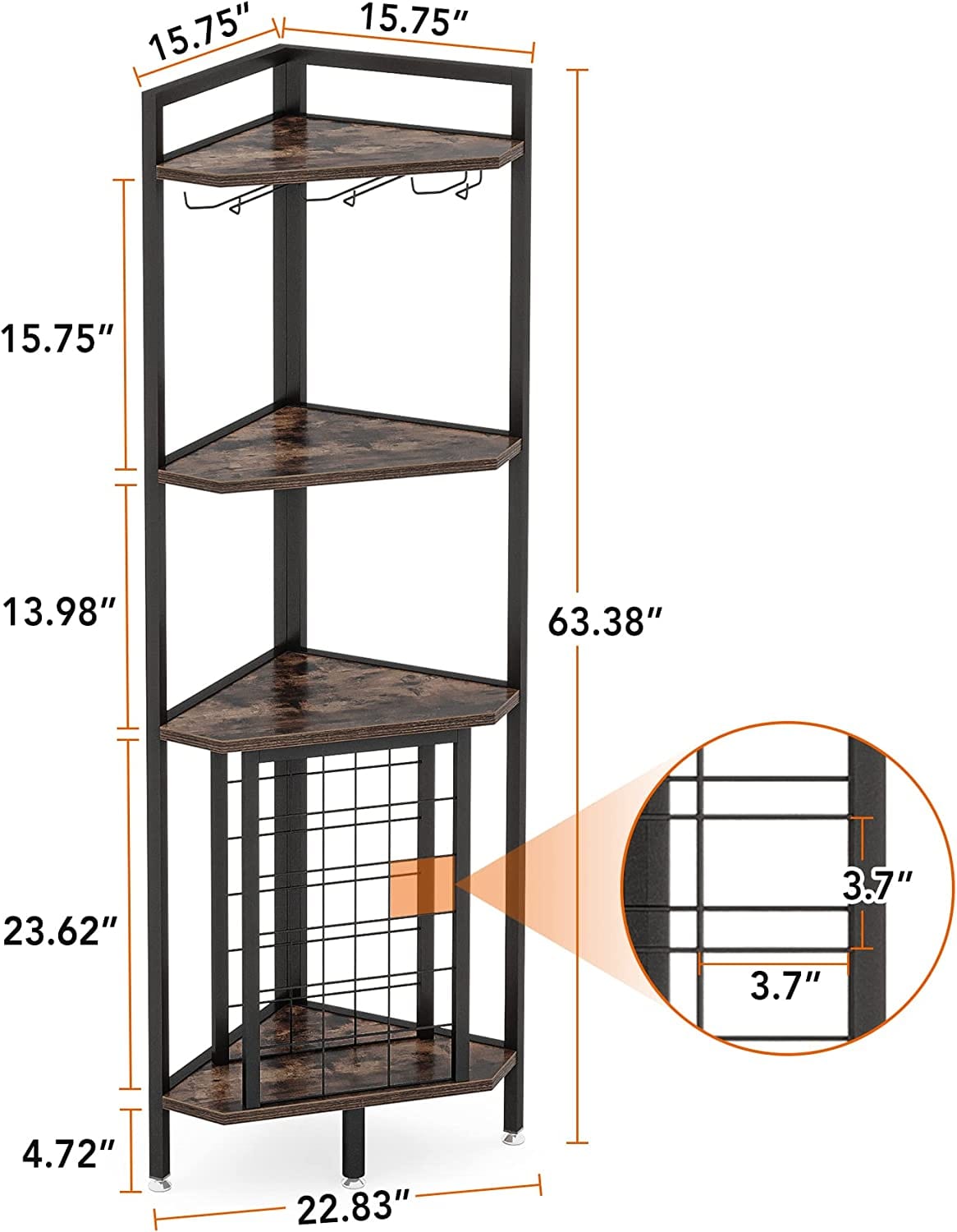 4 Tier Corner Wine Rack with Glass Holder, dimensions diagram