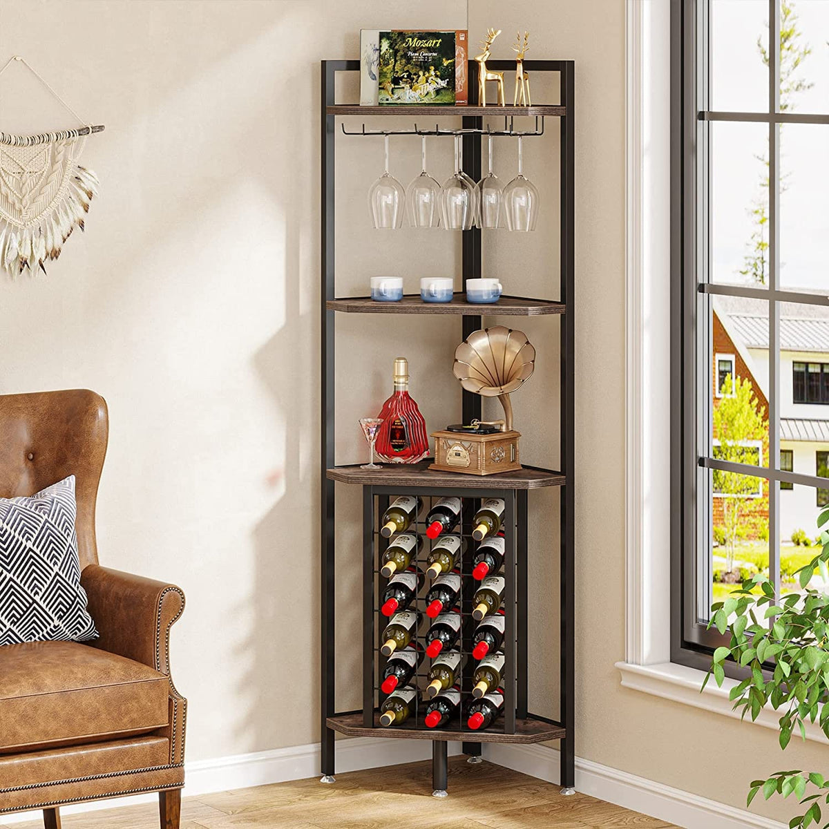 4 Tier Corner Wine Rack with Glass Holder, view 1