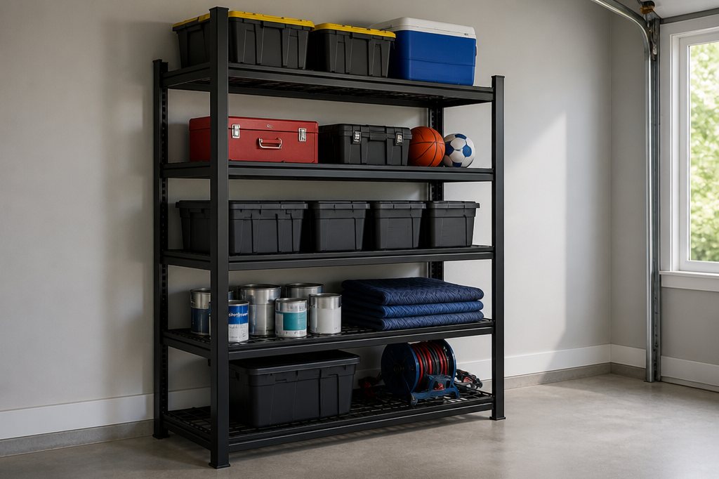 Same garage after: everything organized on a Stowena heavy-duty shelving unit