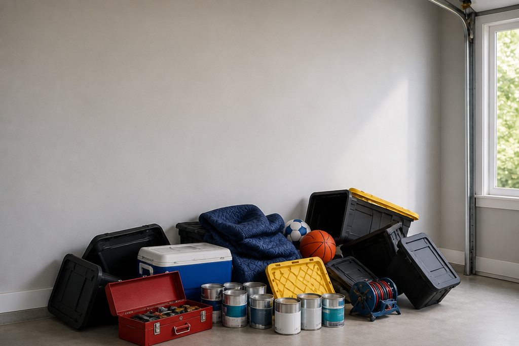 Garage before: household items piled on the floor