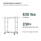 Capacity graphic: 630 lb of clothing, room for 230+ garments
