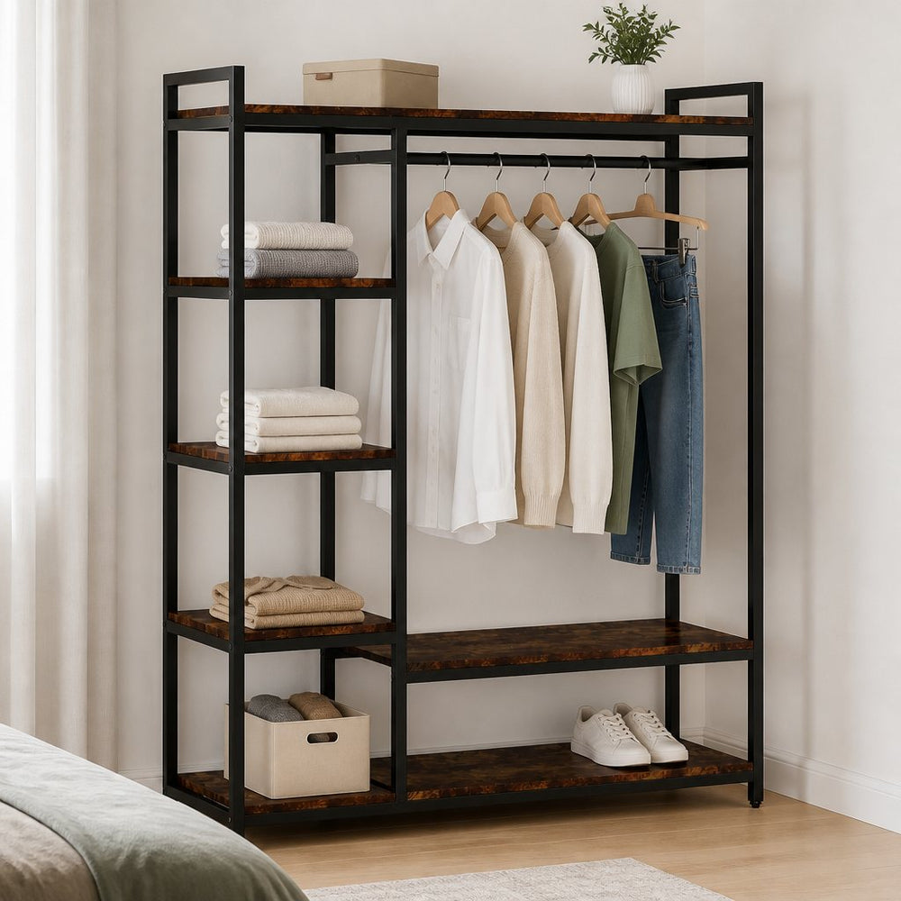 Stowena Freestanding Closet Organizer styled in a bright bedroom
