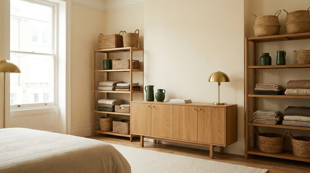 Organized living space with oak storage furniture