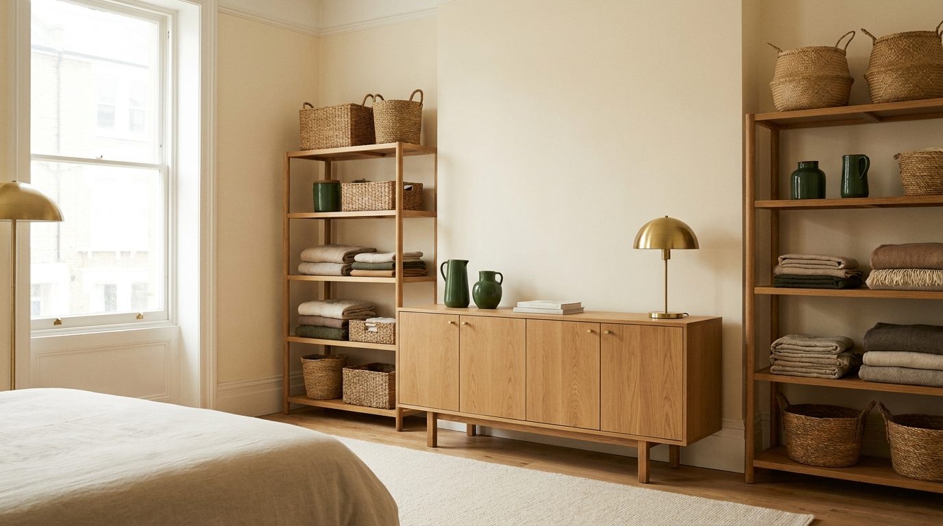 Organized living space with oak storage furniture