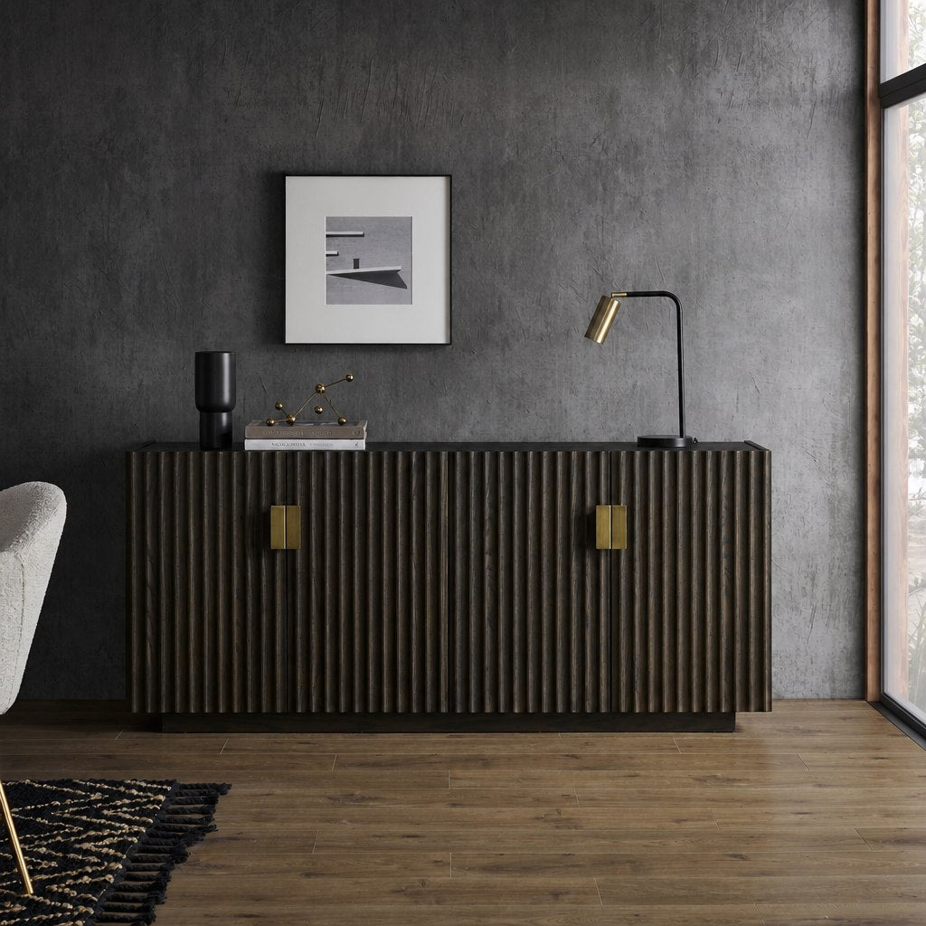 Sloane fluted sideboard styled in a living room with framed art and brass lamp