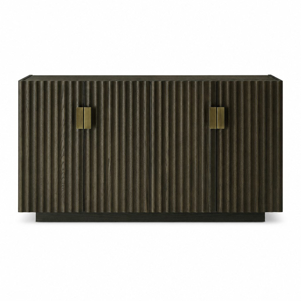 Stowena Sloane 59 inch fluted sideboard in Grey Oak with brushed brass handles, front view on white background